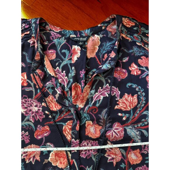 Lucky Brand Floral Blouse L Boho Navy Pullover Long Sleeve Pleated - Picture 5 of 10